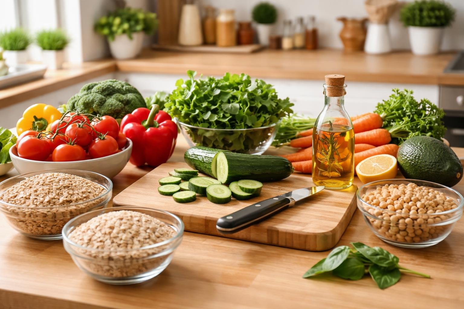 A kitchen countertop with fresh vegetables, whole grains, and cooking ingredients arranged neatly for preparing healthy food.