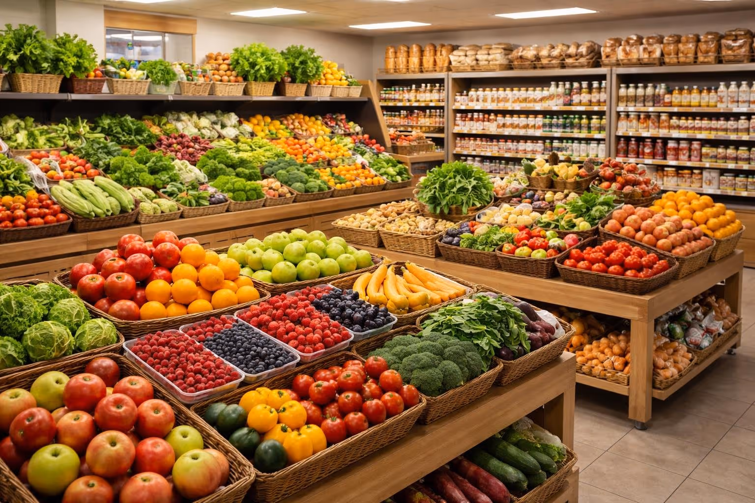 A grocery store aisle with fresh fruits, vegetables, and packaged food items neatly arranged on shelves and in baskets.
