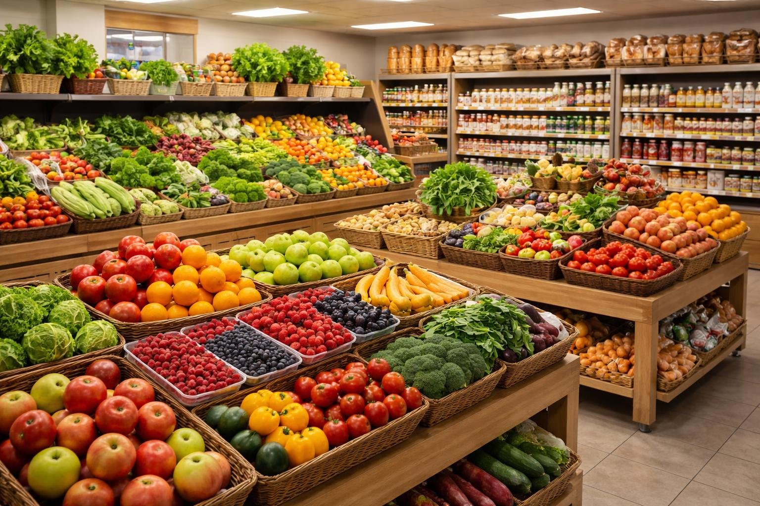 A grocery store aisle with fresh fruits, vegetables, and packaged food items neatly arranged on shelves and in baskets.