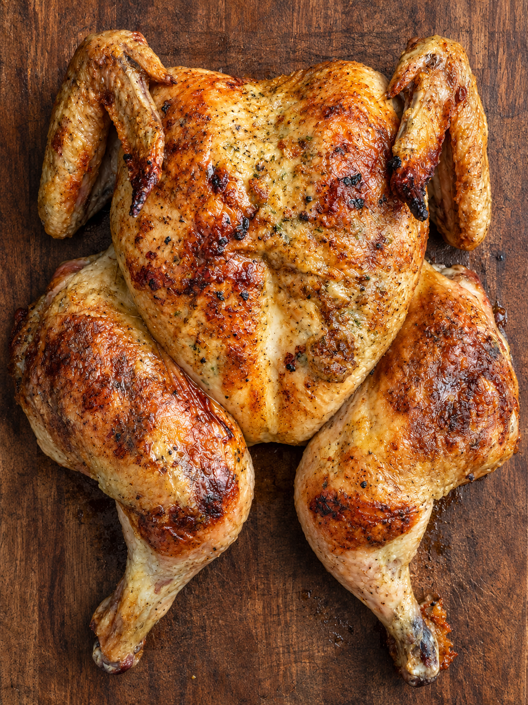 Poulet crapaudine, peau farcie au beurre fromagé