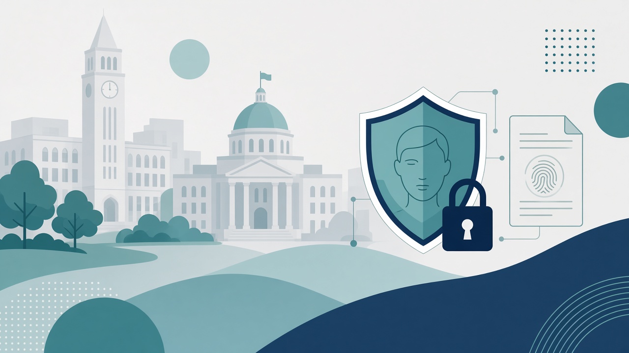 Illustration of campus student privacy and biometric data security with shield and lock icons