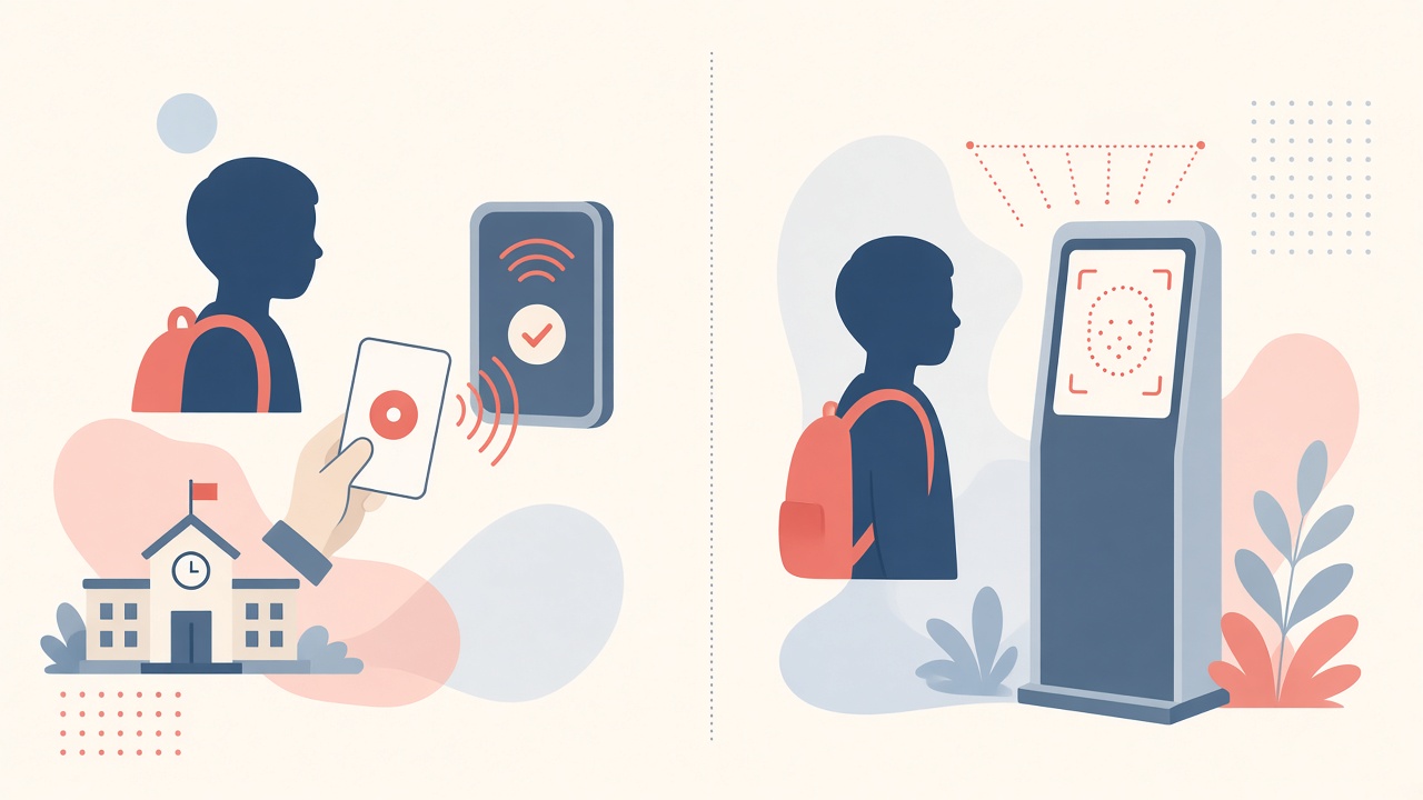Illustration comparing facial recognition attendance and RFID card systems for schools