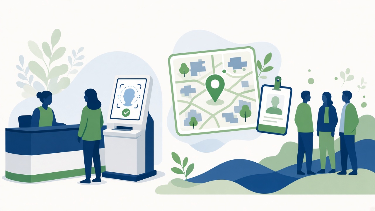 Illustration of campus visitor management with AI facial recognition check-in kiosk