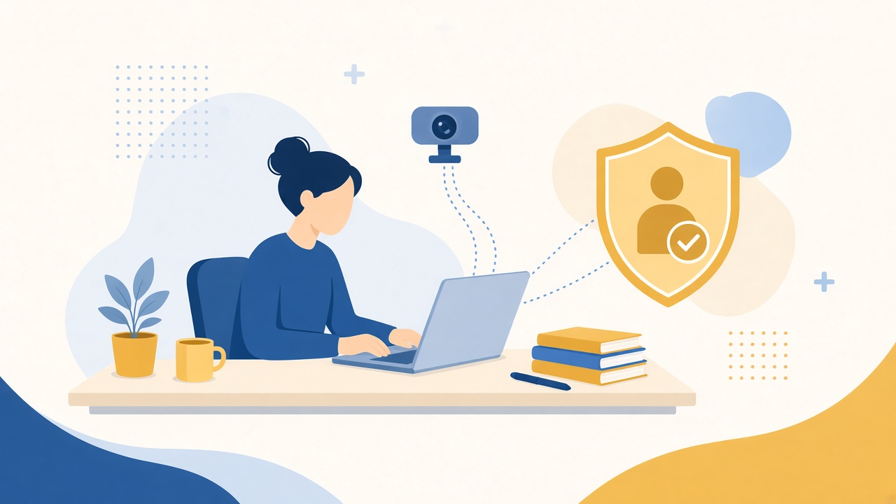 Illustration of remote exam proctoring with facial identity checks