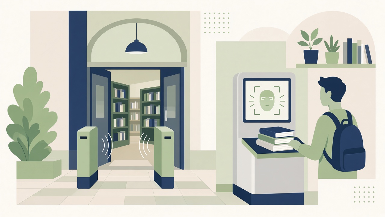 Illustration of library entry and book borrowing with facial recognition