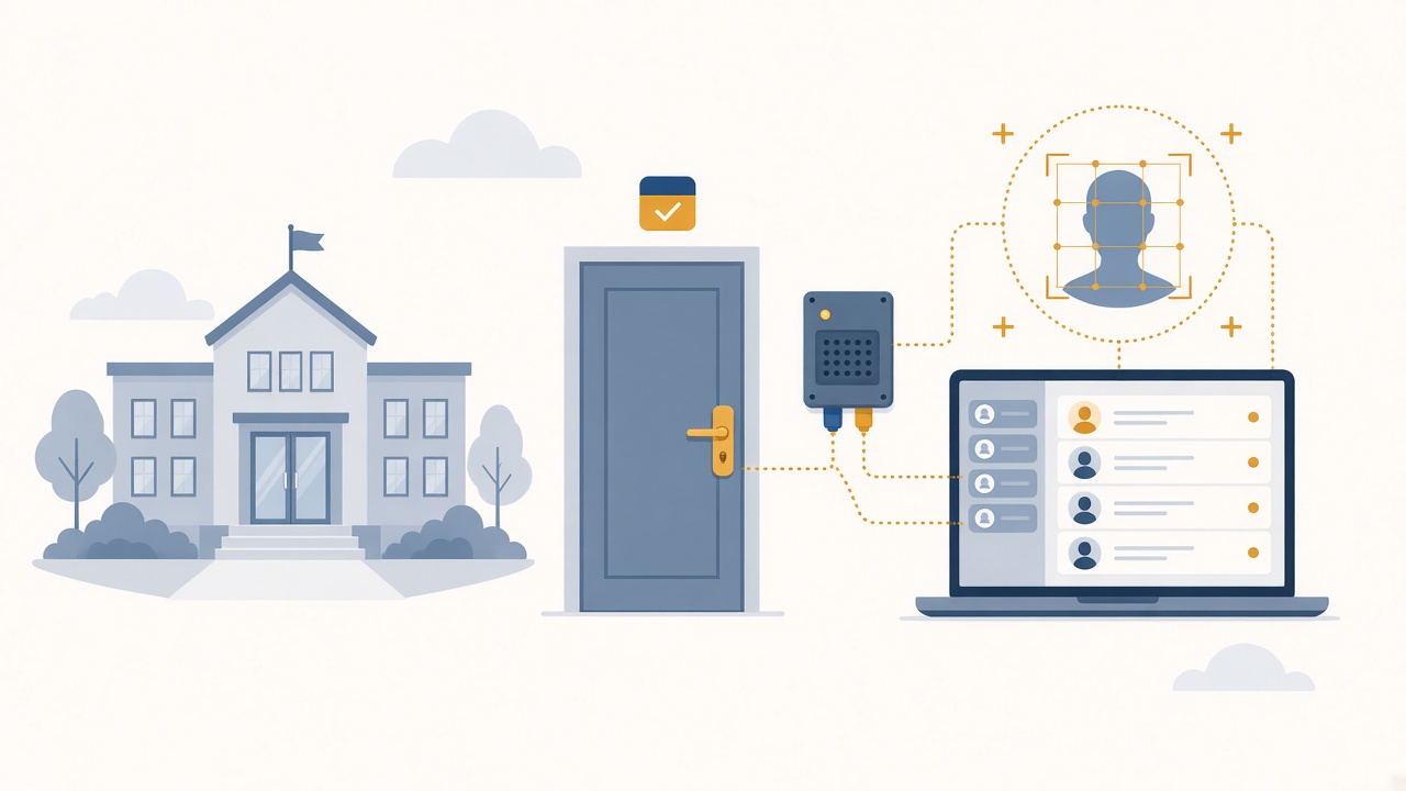 Illustration of school software connected to door hardware and facial recognition