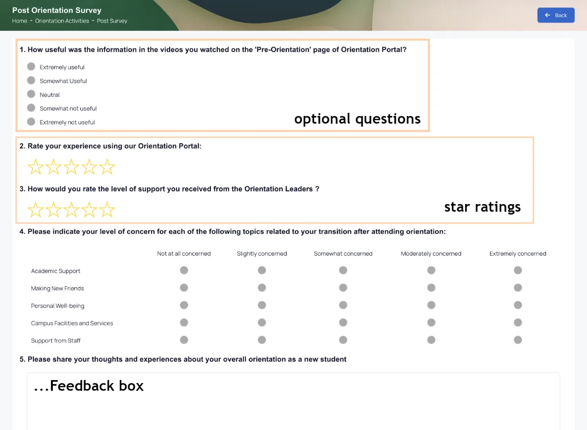 Orientation feedback survey form with optional questions and star ratings