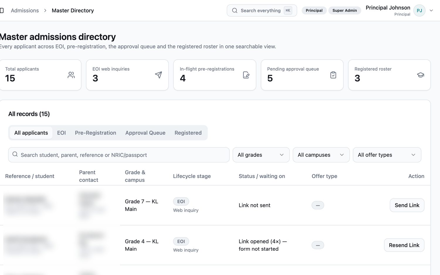 EduNest master admissions directory showing applicants across EOI, pre-registration and approval stages