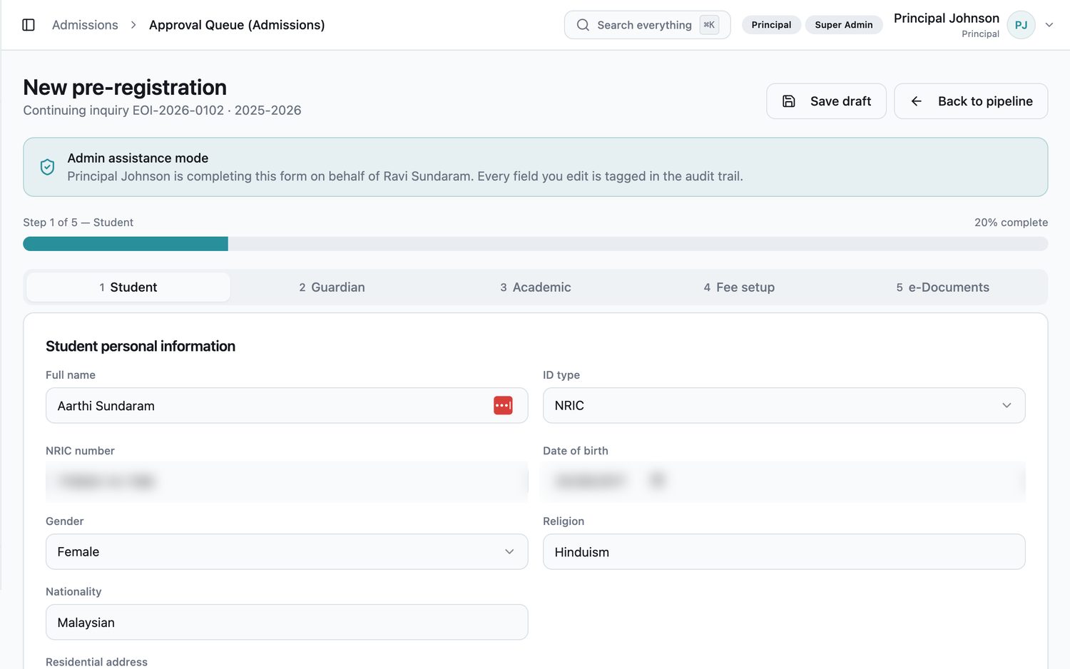 EduNest guided pre-registration wizard with admin assistance mode and audit trail