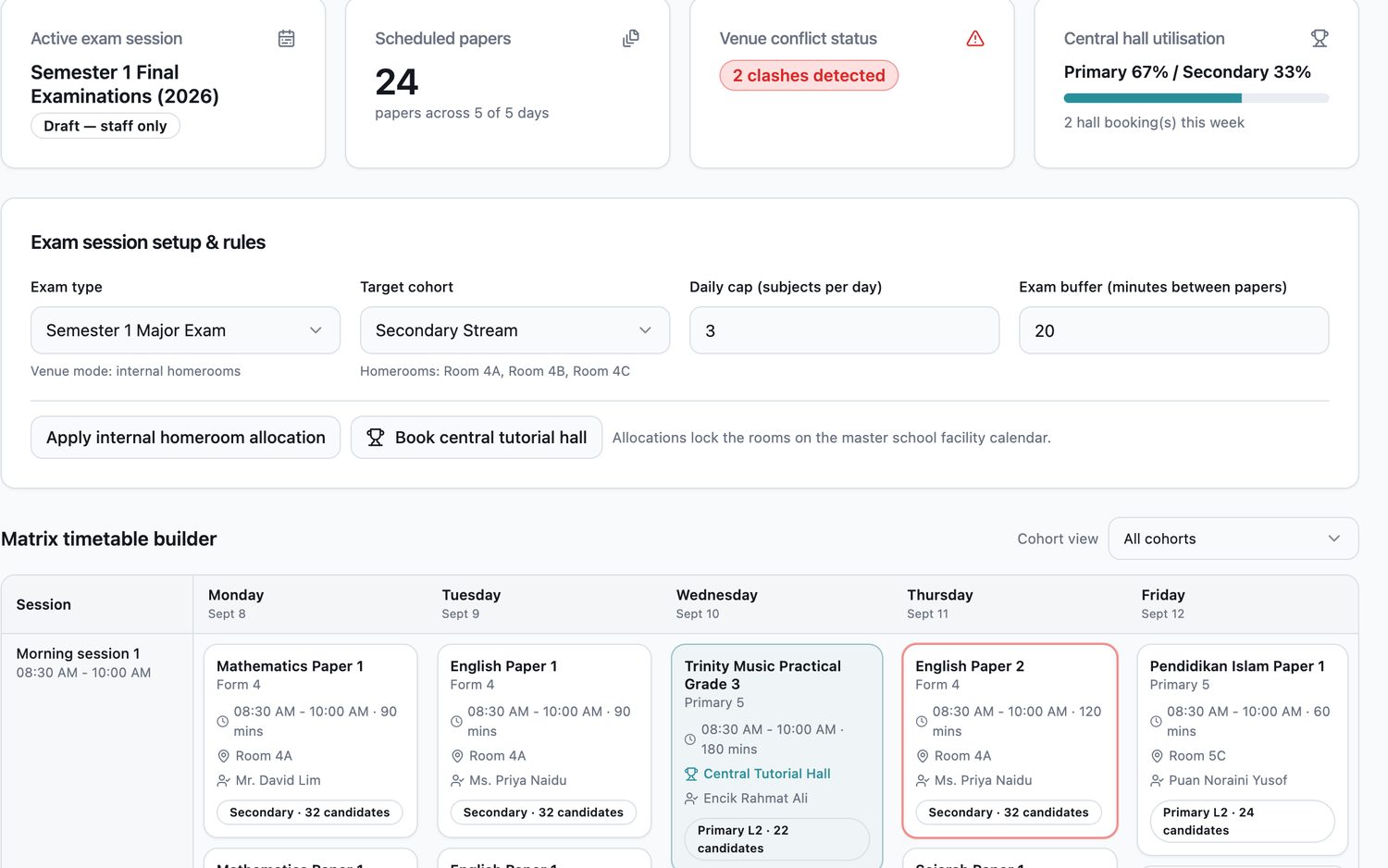 EduNest exam timetabling with venue scheduling and clash detection for Malaysian schools