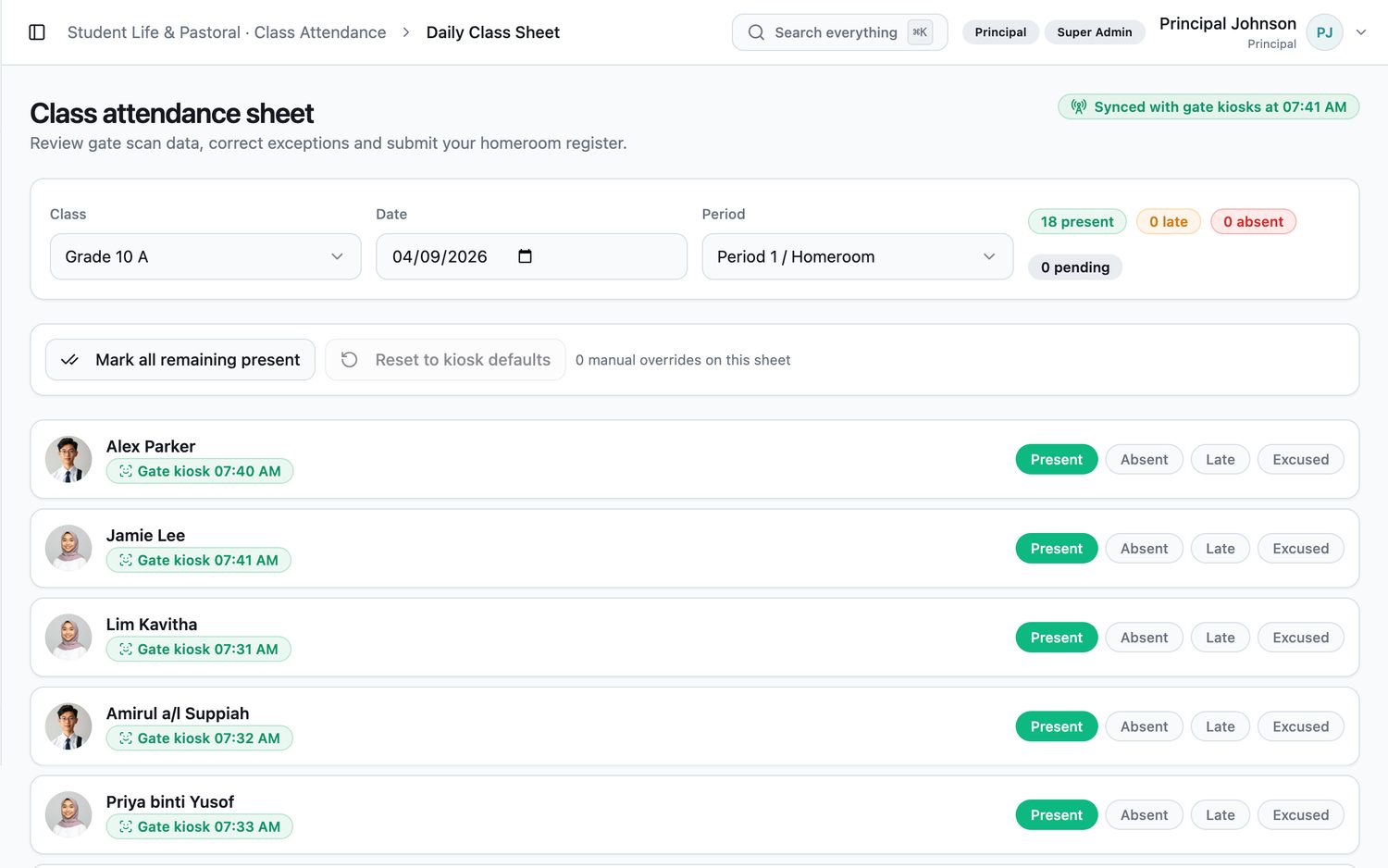 EduNest daily class attendance sheet synced with facial recognition gate kiosks