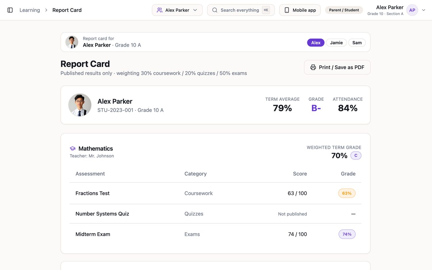 EduNest parent report card view with weighted term grades per subject and attendance summary