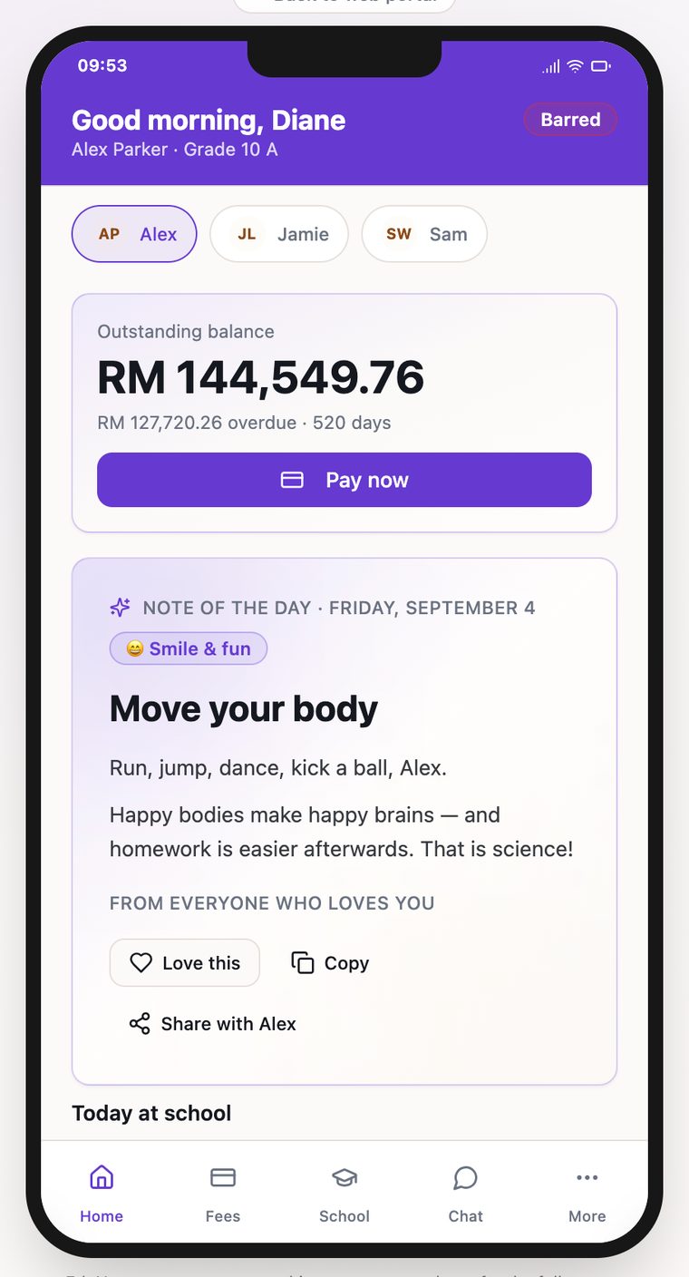EduNest parent mobile app home screen showing the outstanding balance and a pay now button