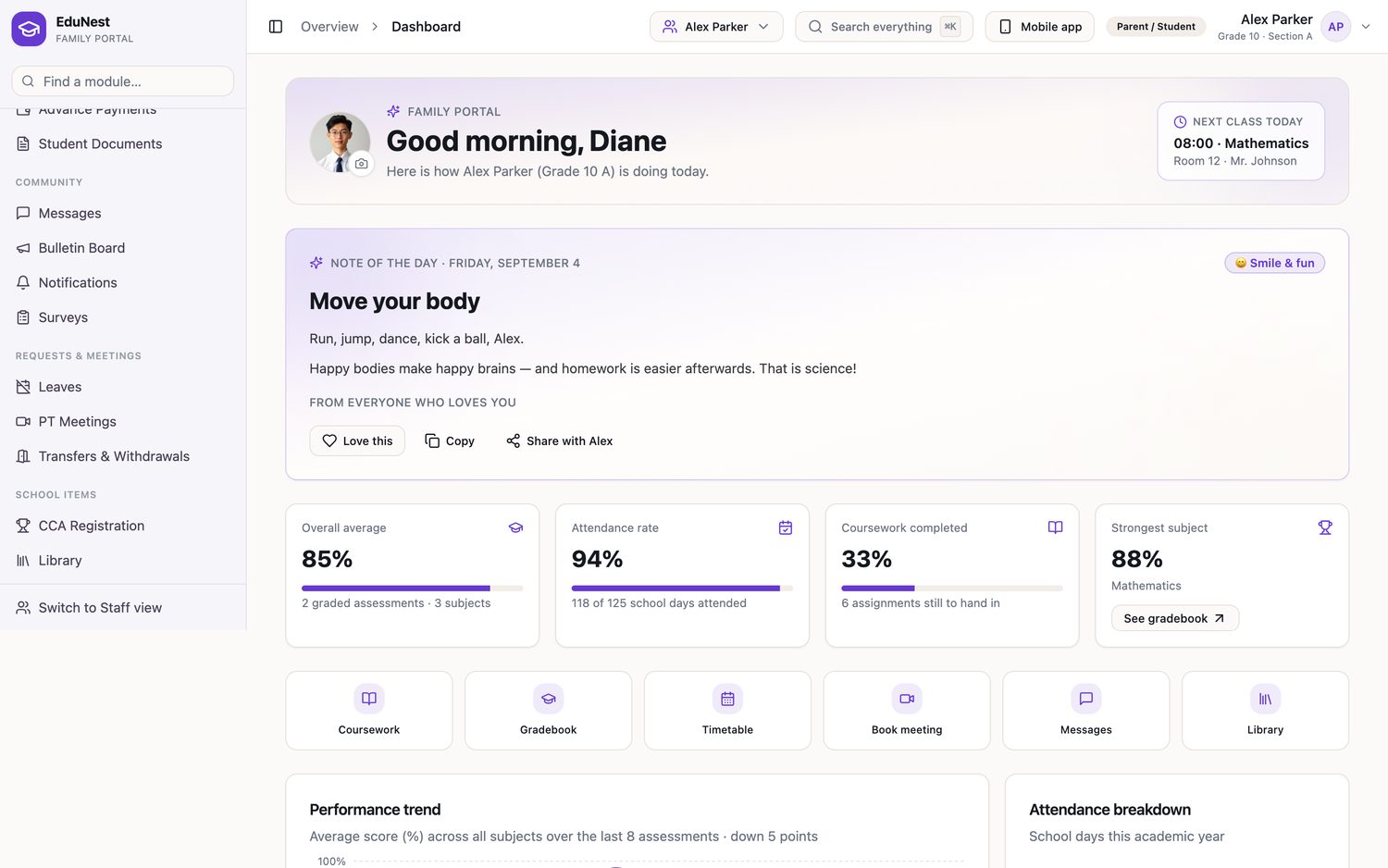EduNest family portal dashboard showing a child's average, attendance rate, timetable and outstanding fees