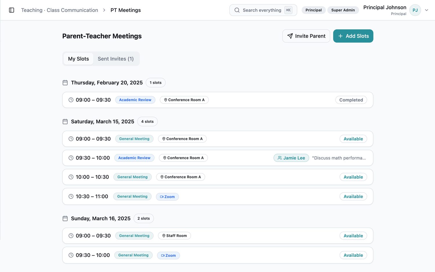 EduNest parent-teacher meeting slots with bookings and video links