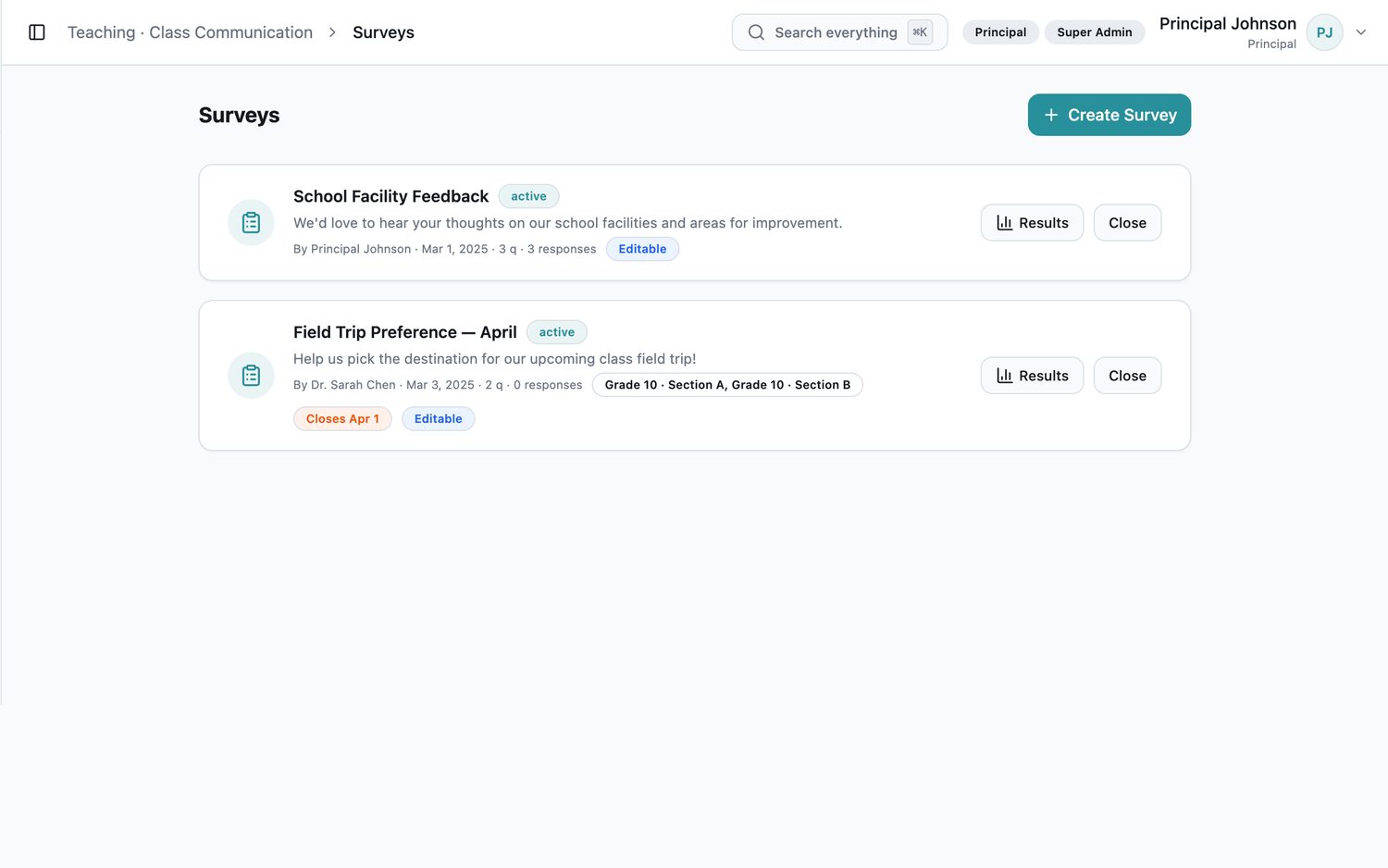 EduNest survey builder listing parent and staff surveys with audience, status and response counts