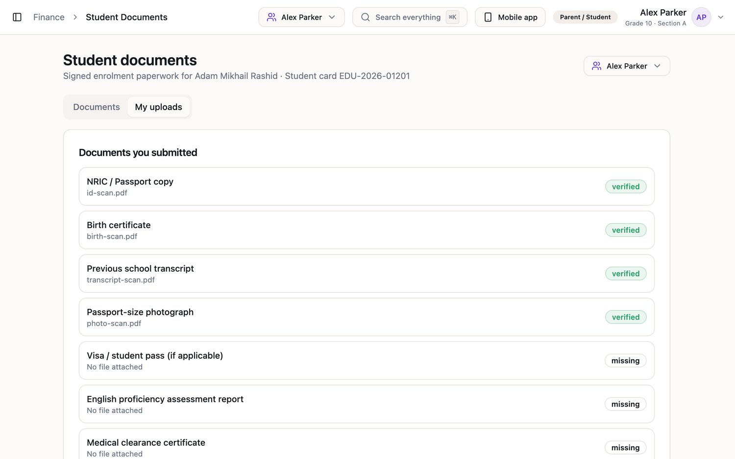 EduNest student document checklist showing verified and missing enrolment paperwork
