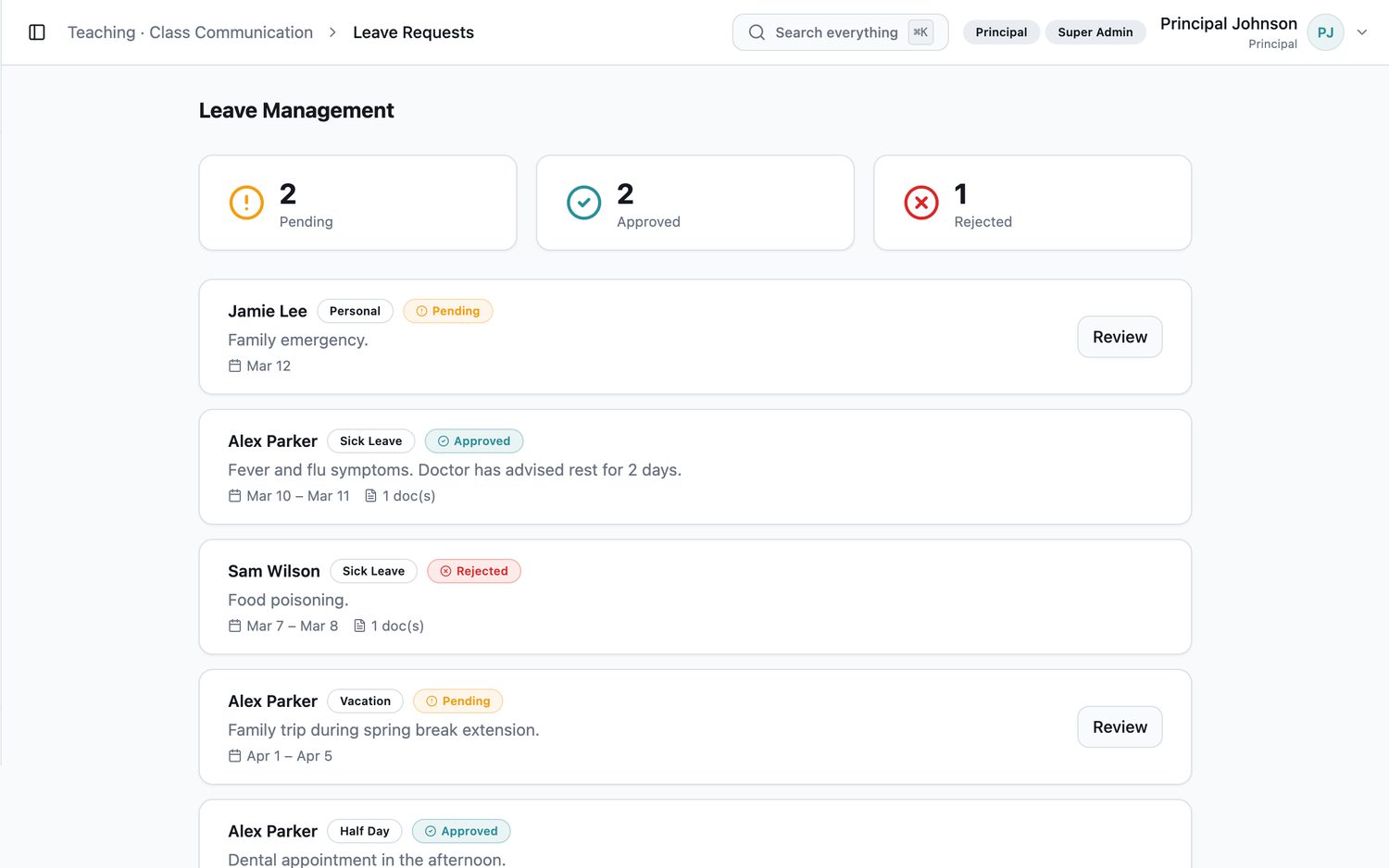 EduNest staff view of parent-submitted leave requests awaiting approval