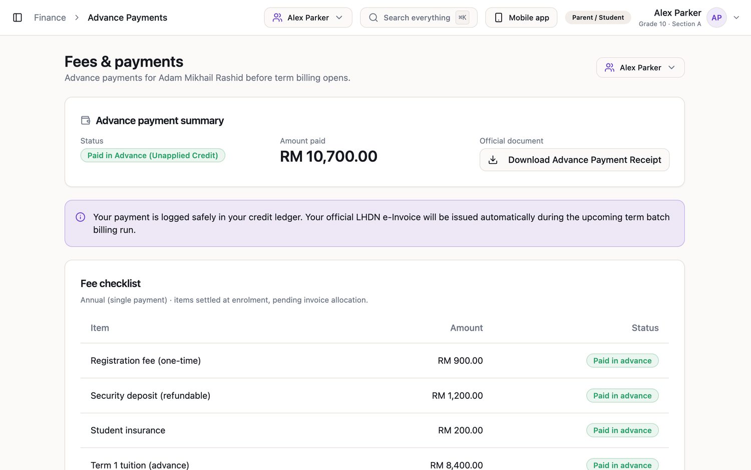 EduNest parent fees and advance payments screen with LHDN e-Invoice status