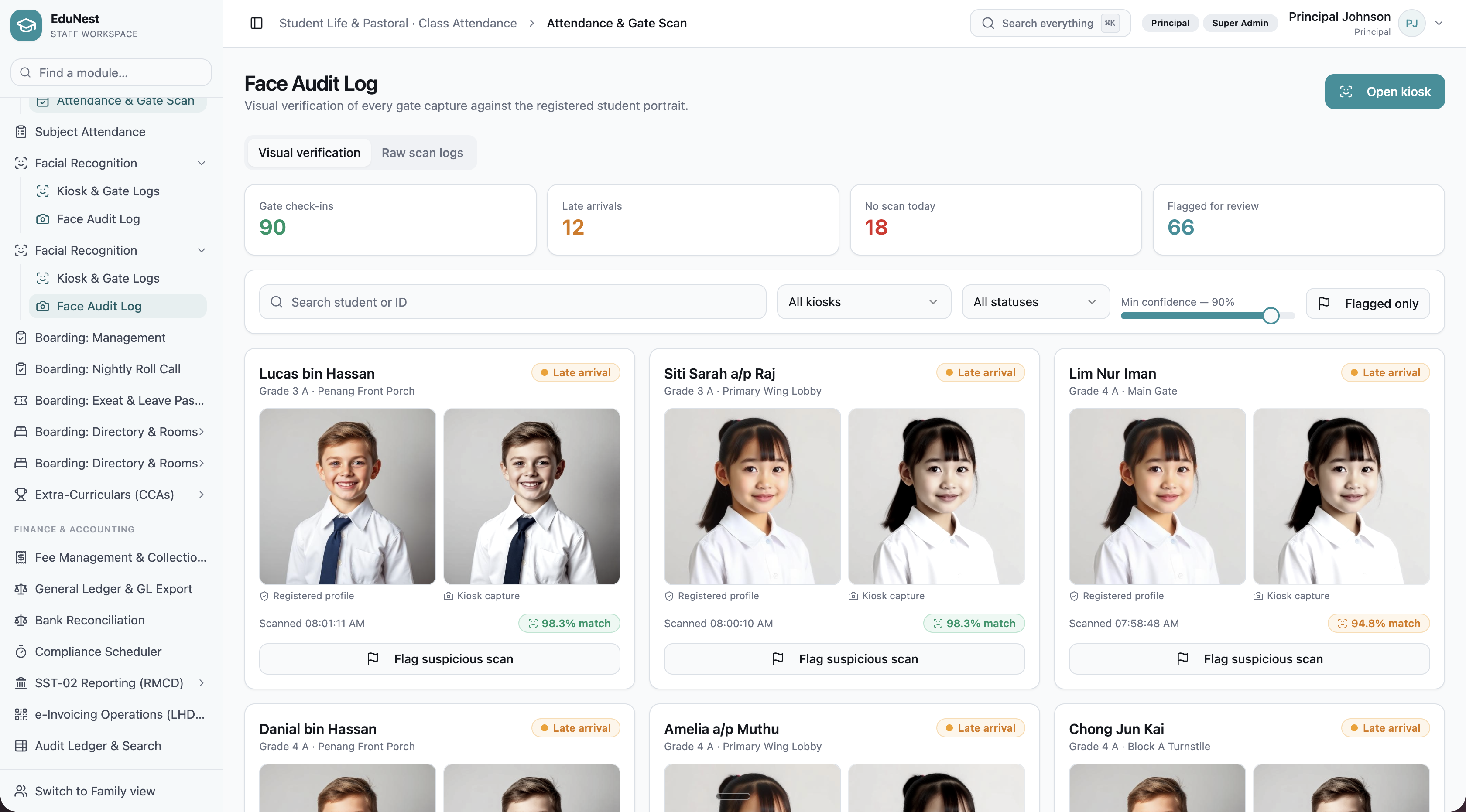 EduNest Face Audit Log comparing registered student portraits with kiosk gate captures and match confidence