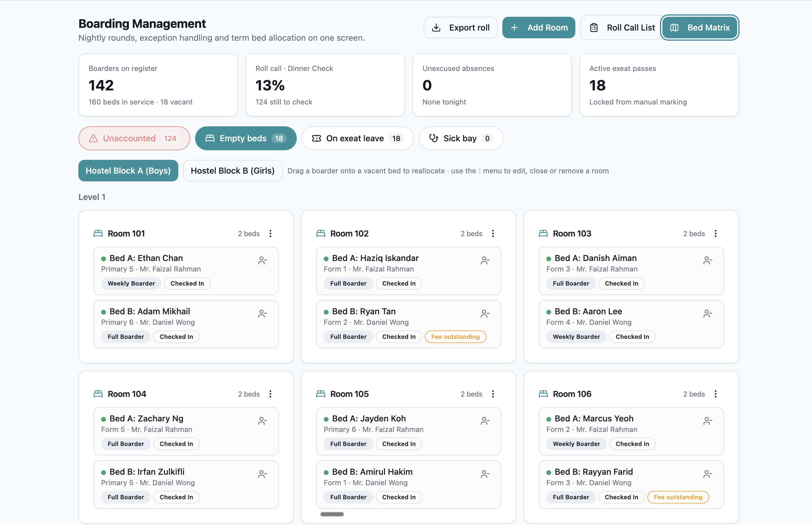 EduNest boarding rooms and beds matrix showing bed allocation boarder tags and vacant beds