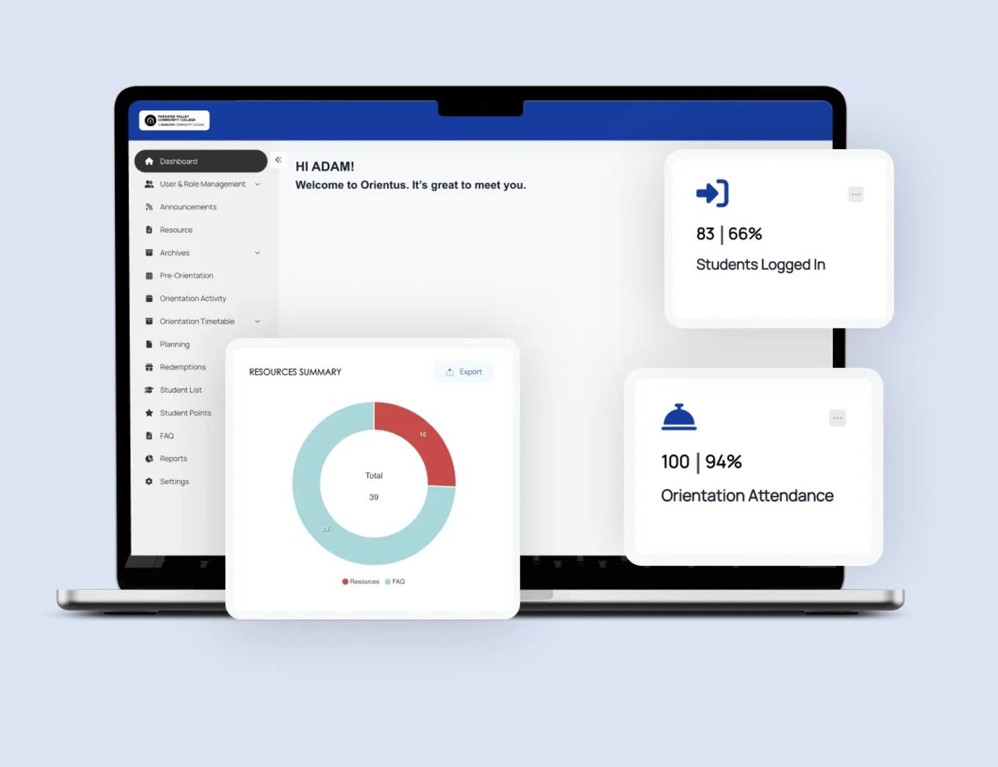 Orientus student orientation dashboard for Paradise Valley Community College