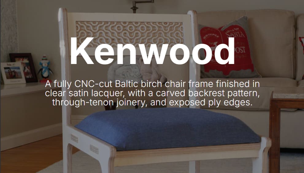 Modern Baltic birch chair with carved backrest pattern, blue upholstered seat, and exposed ply edges in a living room.