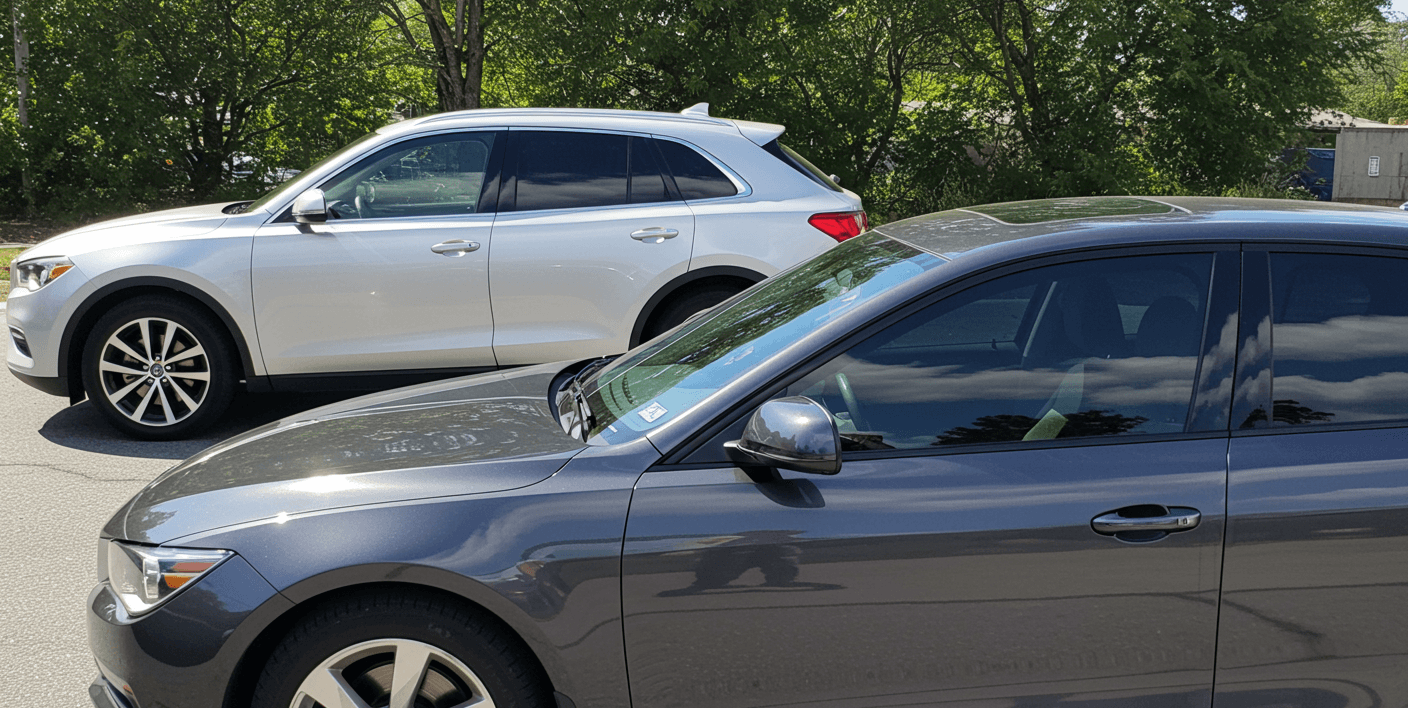 Autos uno al lado del otro que muestran ventanas tintadas de cerámica frente a ventanas transparentes a la luz del sol
