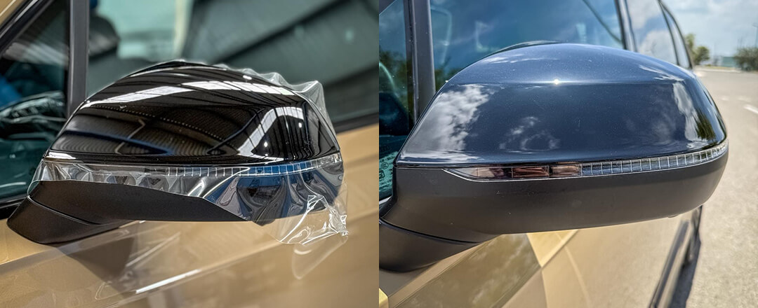 Detalle de instalación de ppf para autos en espejo lateral de Audi; corte específico por modelo en Querétaro con bordes limpios.