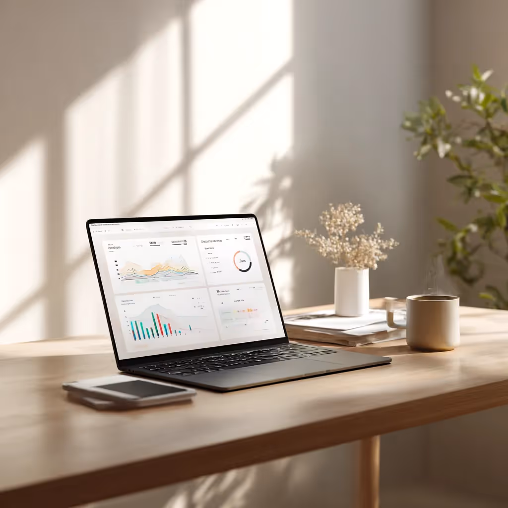 laptop on a desk displaying dashboards