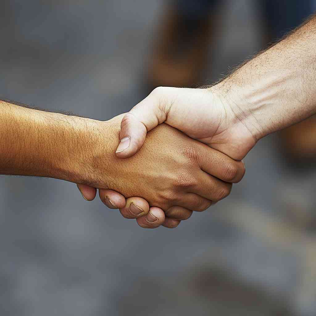 Foto von zwei Menschen, die sich die Hände schütteln.