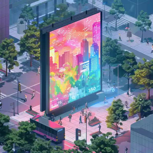 Isometrische Grafik, die Datenströme zeigt, die durch ein DOOH-Gerät fließen