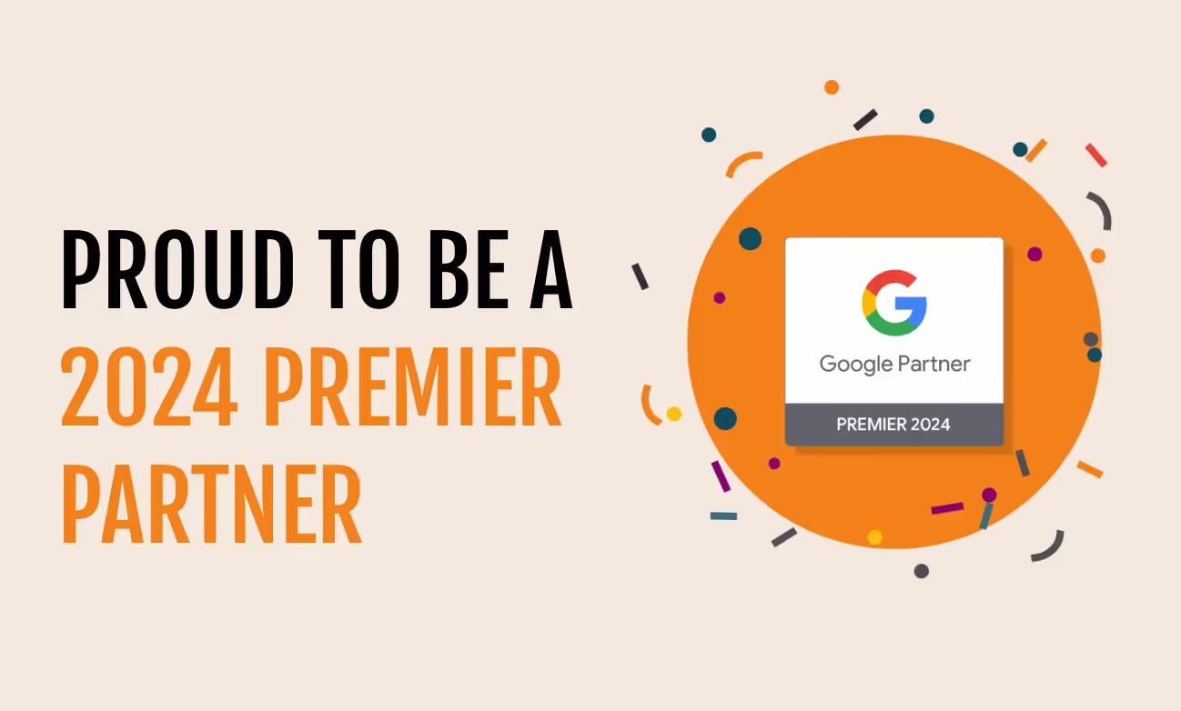 Illustration von Konfetti und Google Premier Partner Badge
