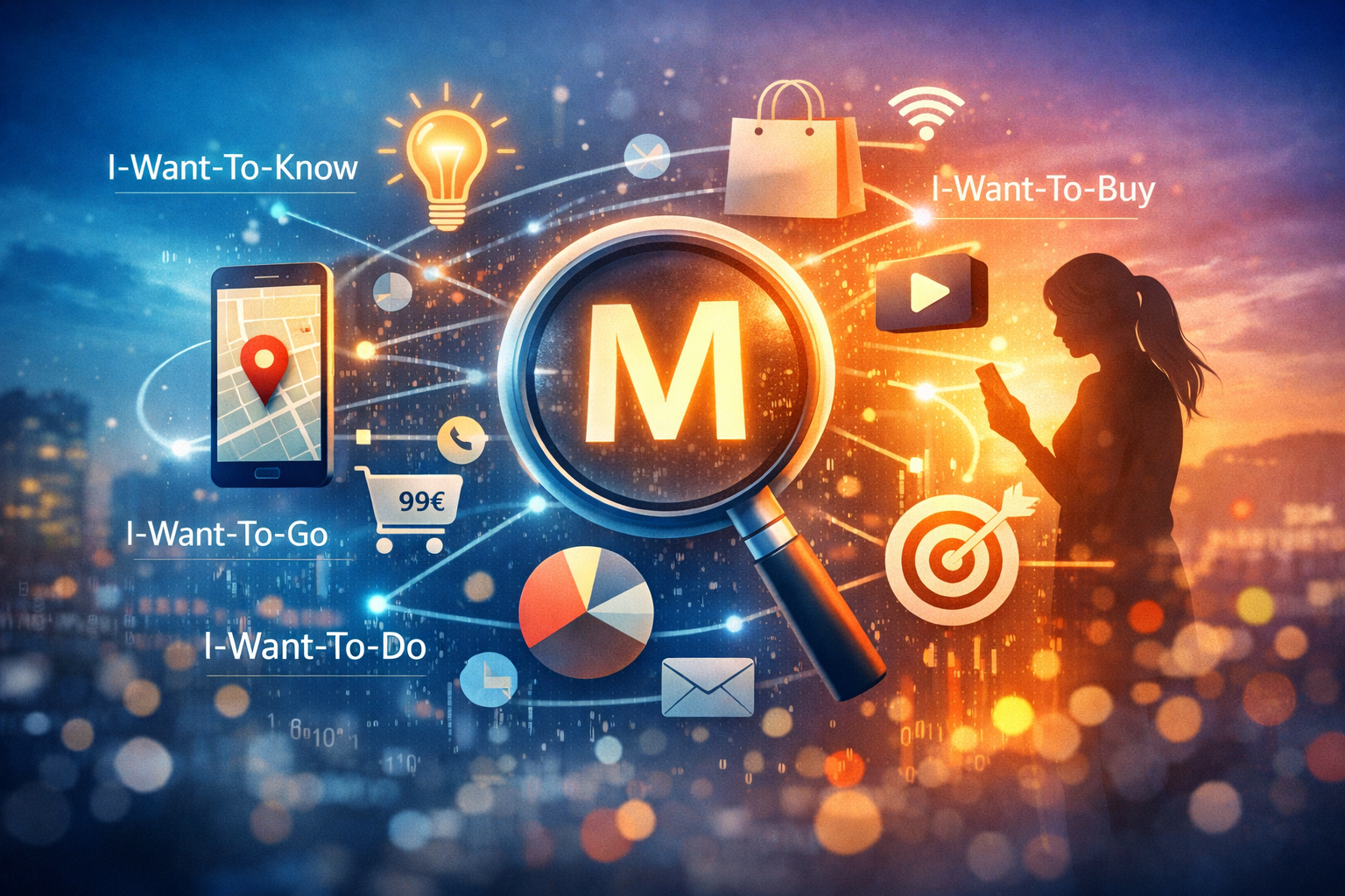 Eine künstlerische digitale Illustration veranschaulicht Googles Marketingkonzept „Mikro-Momente“. Eine Lupe mit dem Buchstaben „M“ steht im Zentrum zwischen Symbolen für Shopping, Standort und Daten. Daneben befinden sich die Textbezeichnungen „Ich möchte wissen“, „Ich möchte hingehen“, „Ich möchte etwas tun“ und „Ich möchte kaufen“. Rechts davon ist die Silhouette einer Person mit Smartphone vor einem leuchtenden, verschwommenen Stadthintergrund zu sehen.