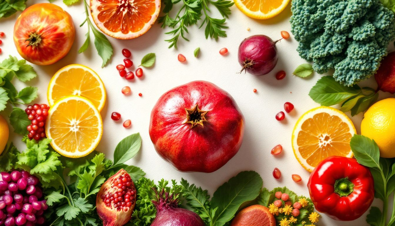 An array of colorful fruits and vegetables representing healthy eating patterns for longevity diets for women.