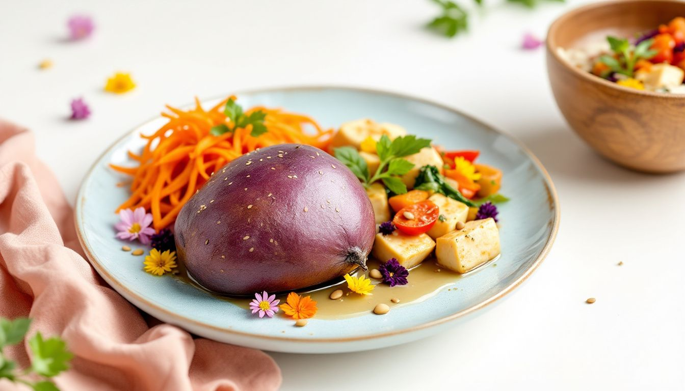 A traditional Okinawan meal featuring colorful plant-based dishes known for their longevity benefits.