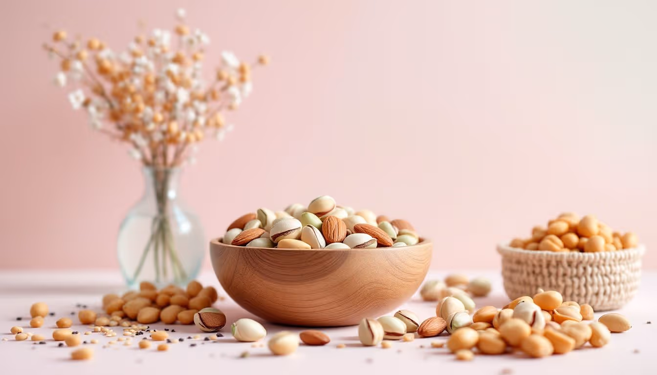 A selection of nuts and legumes that are essential nutrients for women's longevity.