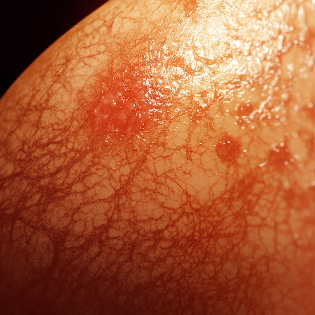 Redness and discoloration of breast skin as a symptom of breast cancer.