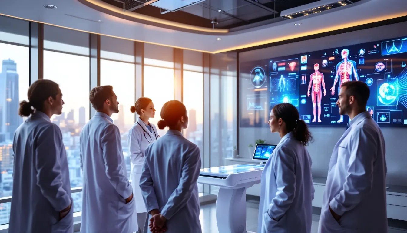 A group of board-certified radiologists collaborating in a medical imaging facility.