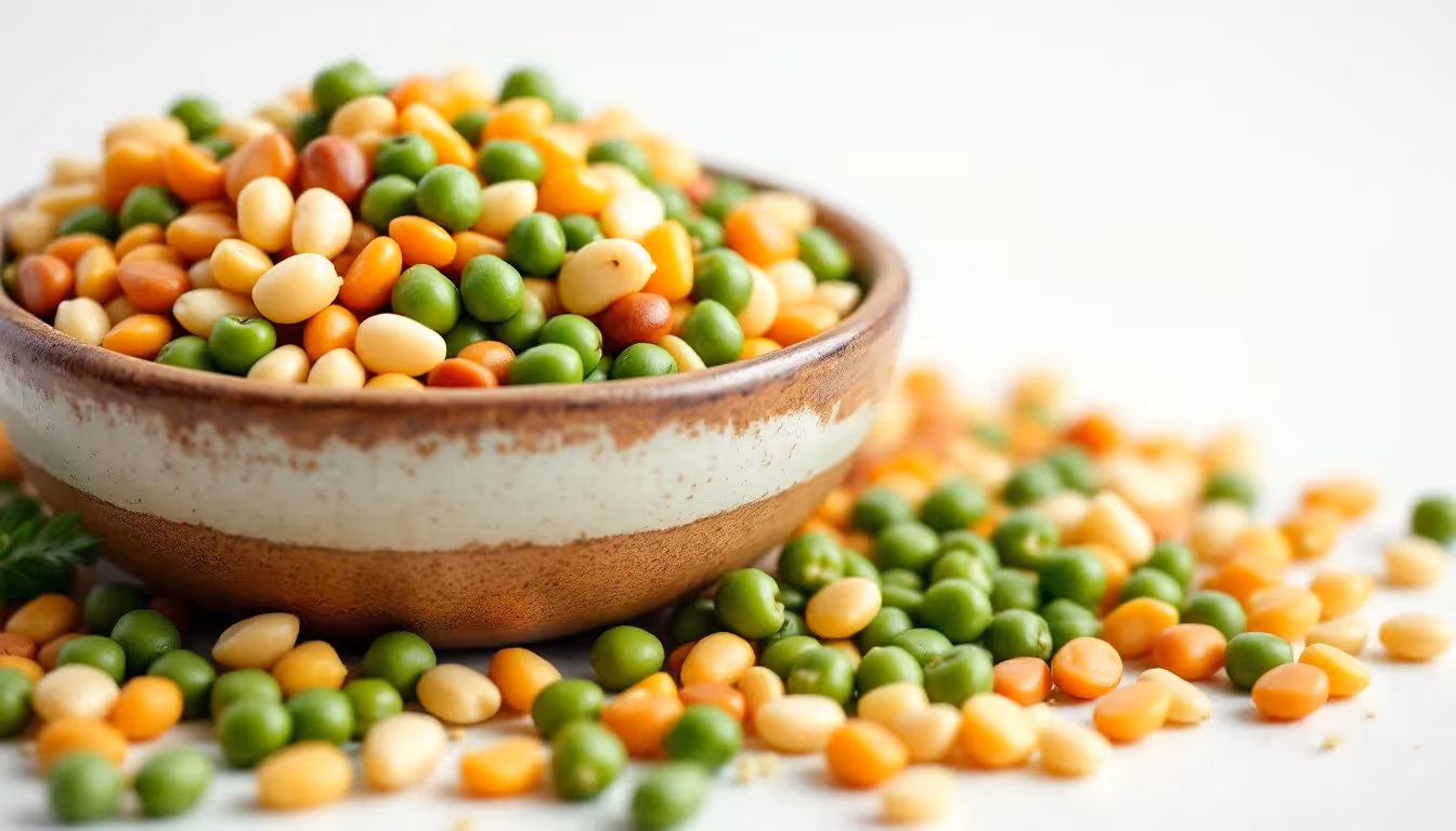 A variety of pulses including beans, lentils, and chickpeas displayed in a bowl.