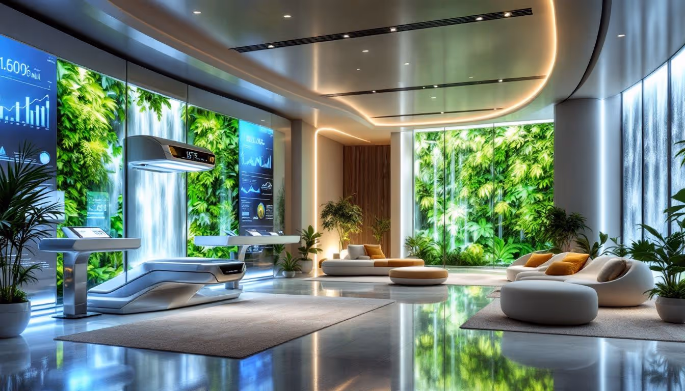Interior of a modern longevity clinic, showcasing wellness and health assessments.