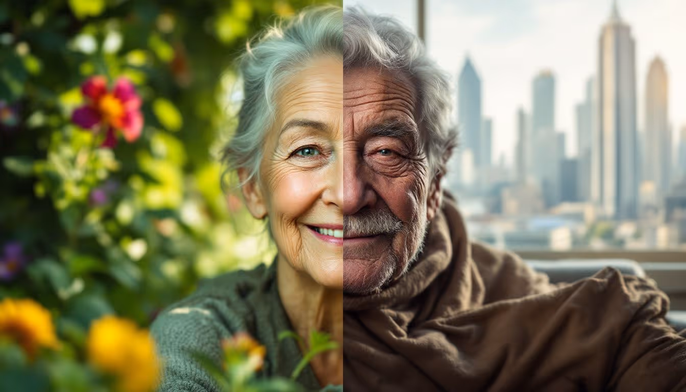 A visual comparison of healthy aging versus neglecting health, emphasizing the importance of longevity clinics.