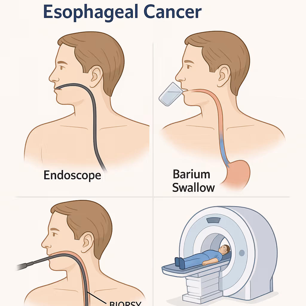 An illustration showing various methods for early detection of esophageal cancer.