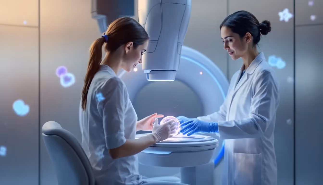 A technician performing breast tomosynthesis on a patient.