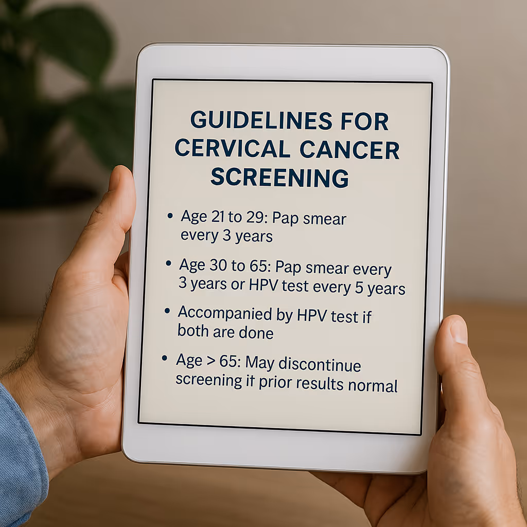 Guidelines for cervical cancer screening displayed on a digital device.