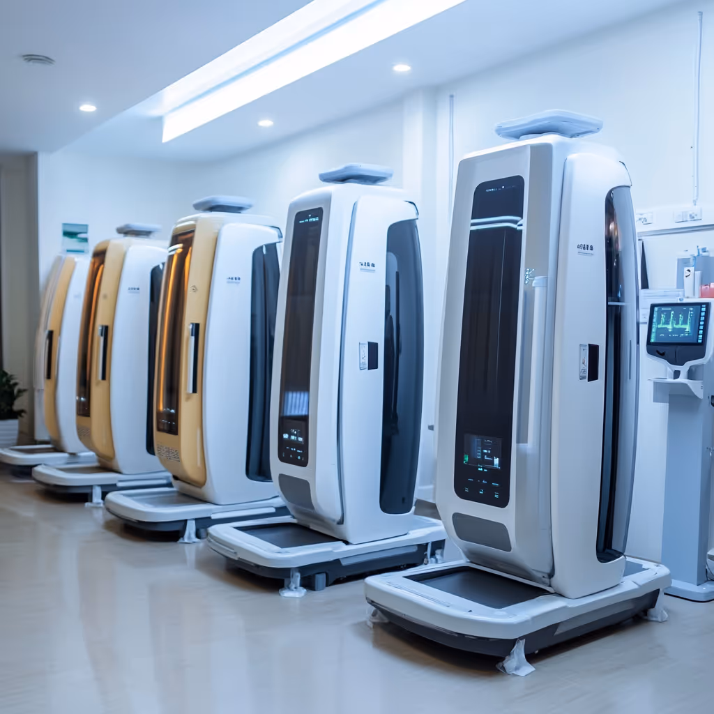 Different types of full body scan machines lined up in a clinic.