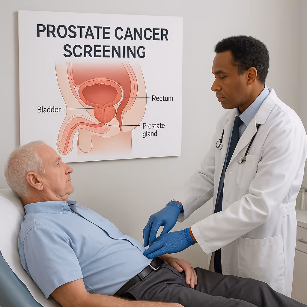 An illustration showing the prostate gland and its relation to prostate cancer screening.