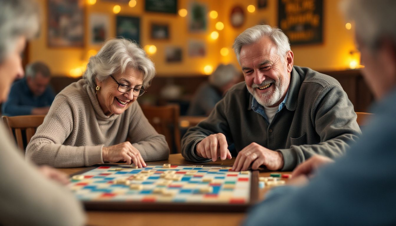 A group of seniors participating in a social or cognitive activity to stay mentally engaged.