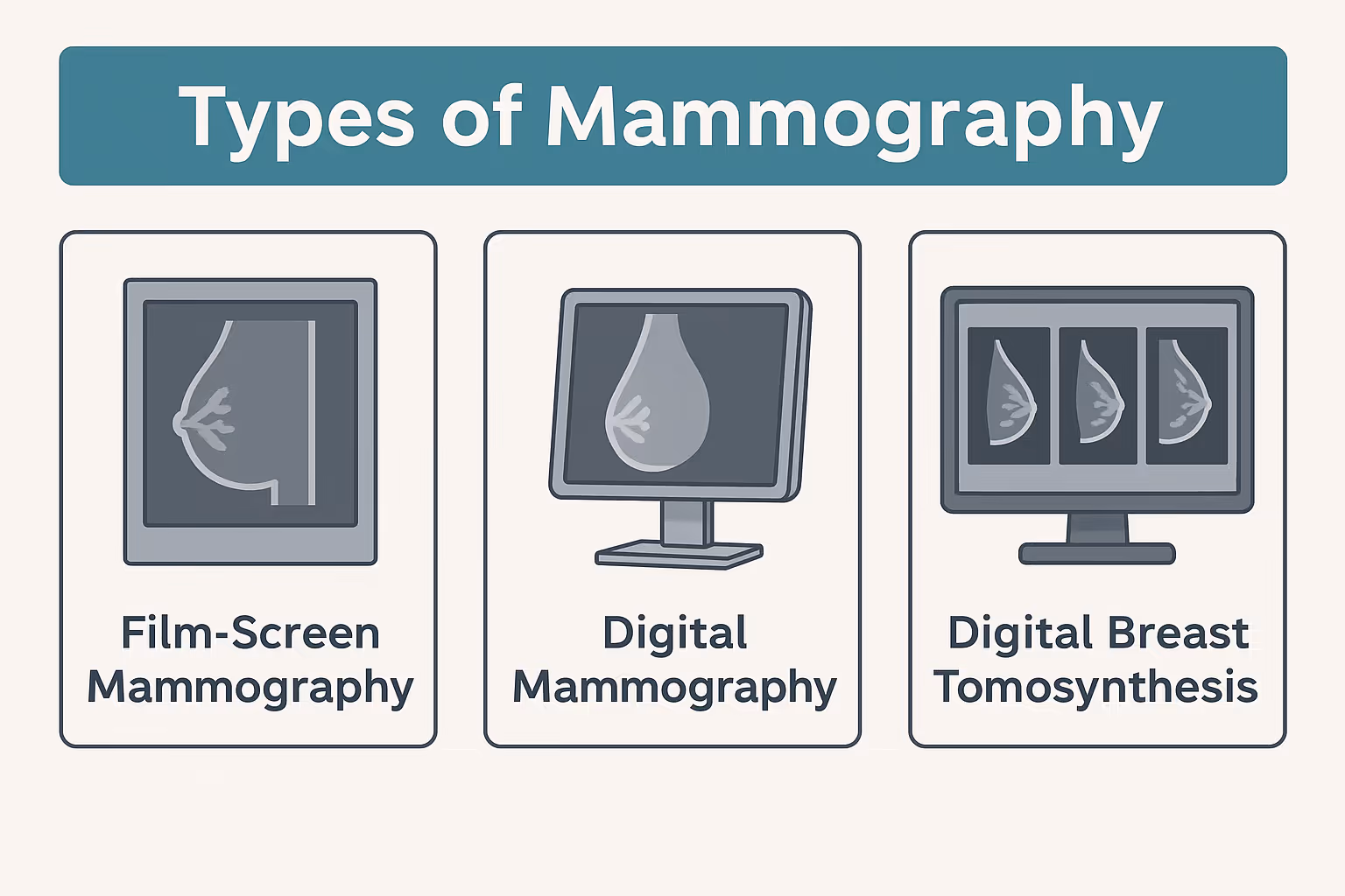 A chart categorizing different types of mammography, such as digital and tomosynthesis.