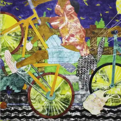 Colorful mixed-media artwork featuring bicycles and vibrant patterns.